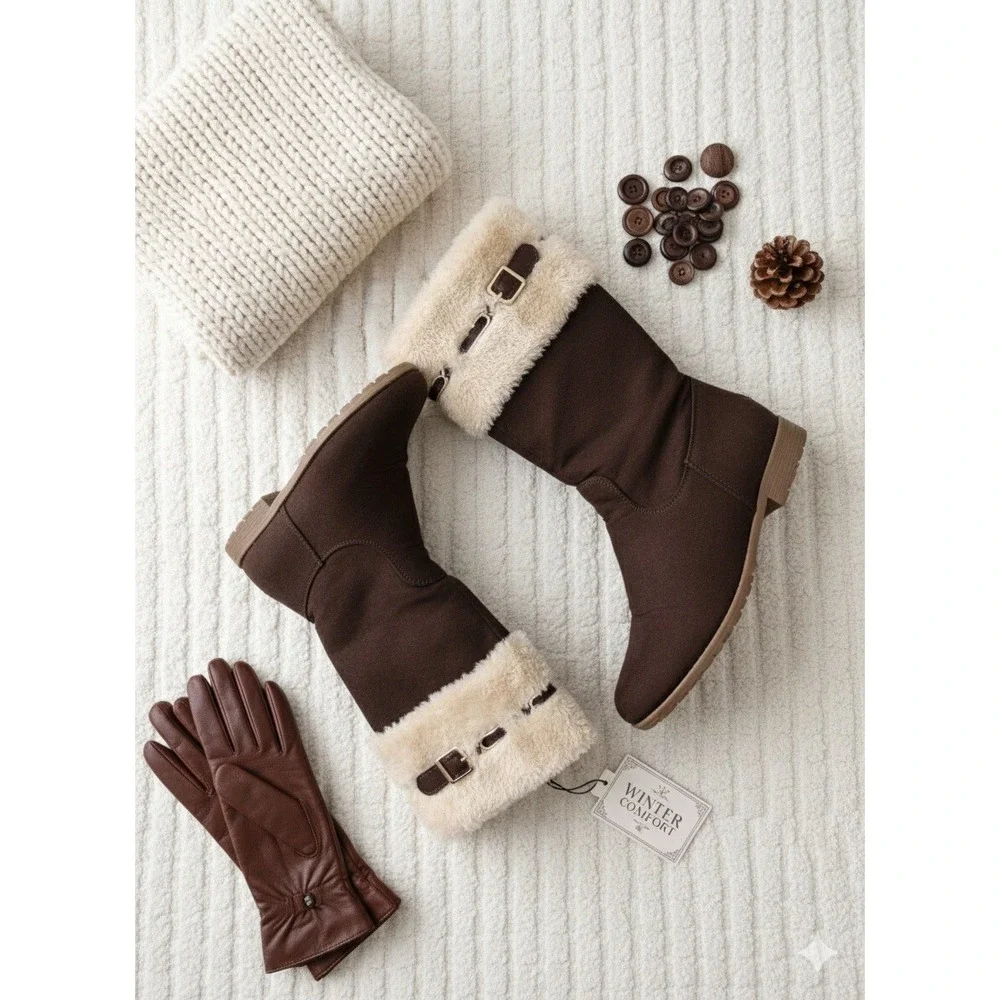 Girls Brown Faux Suede Fur Trimmed Winter Snow Boots Wedge Heel‎ Kids Size